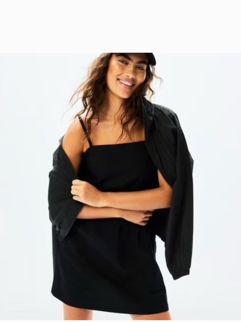 Athleta a-line dress, pockets, black, spaghetti straps. Stretchy. Medium tall